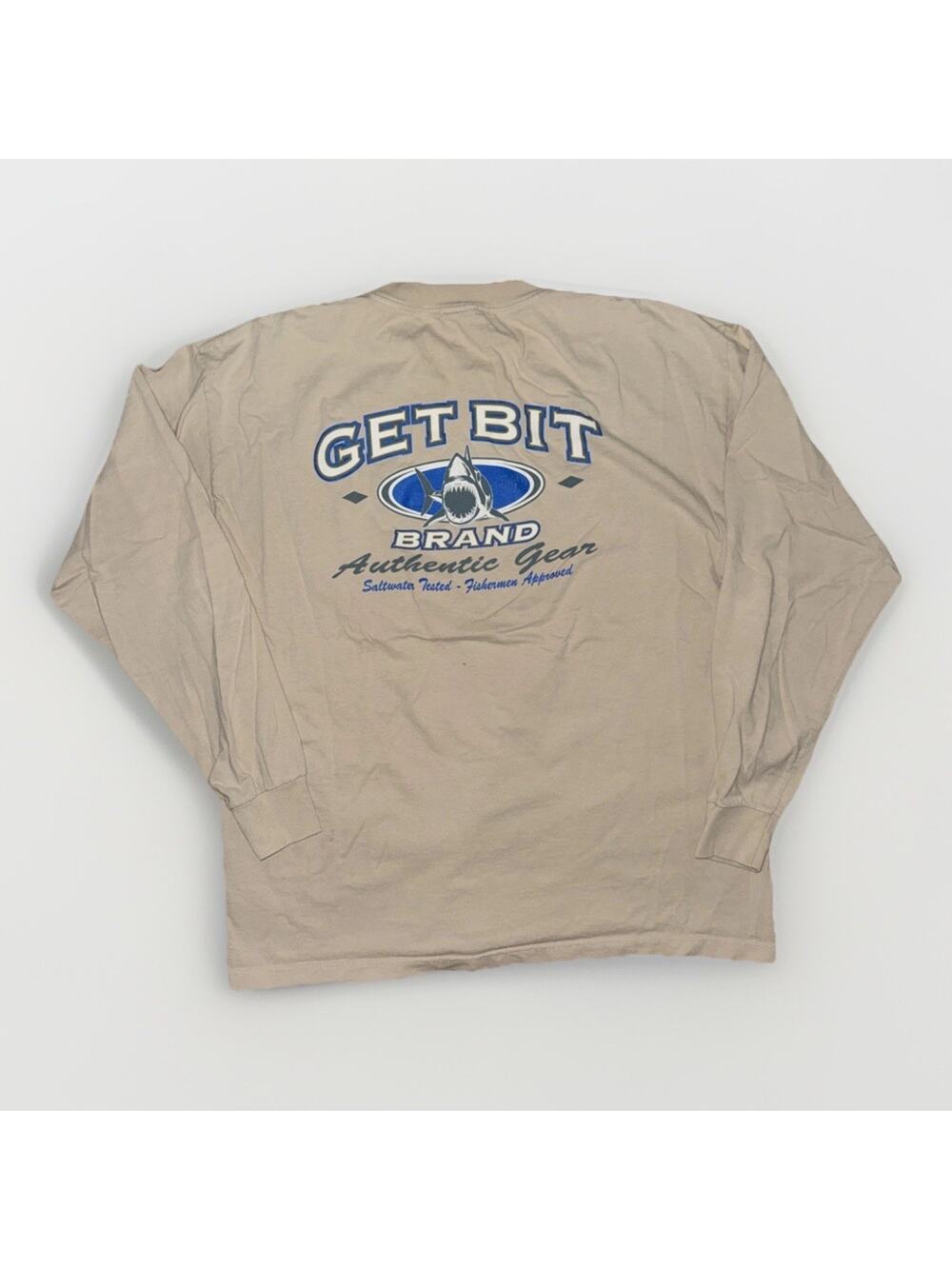 Get Bit Long Sleeve Fishing T-Shirt Tan XXL Shark Tee 24x28 Made In USA